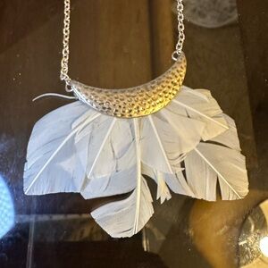 Elegant gold Necklace with off white feather fringe